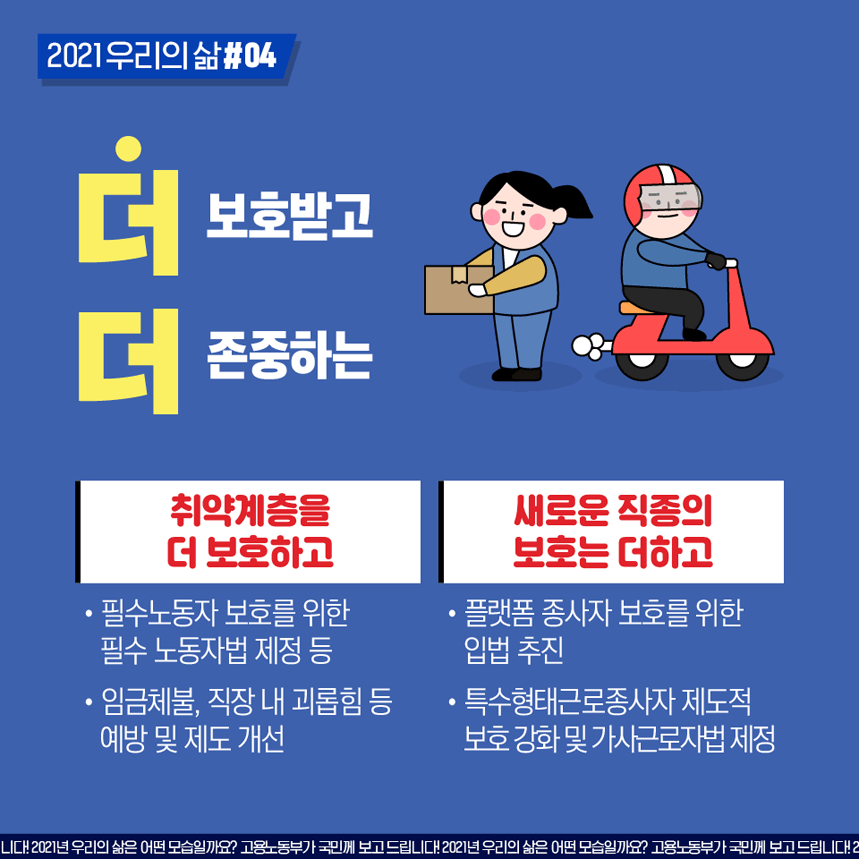 2021우리의삶#04 더 보호받고 더 존중하는 취약계층을 더 보호하고 필수노동자 보호를 위한 필수 노동자법 제정등 새로운 직종의 보호는 더하고 플랫폼 종사자 보호를 위한 입법 추진 특수형태근로종사자 제도적 보호 강화 및 가사근로자법 제정