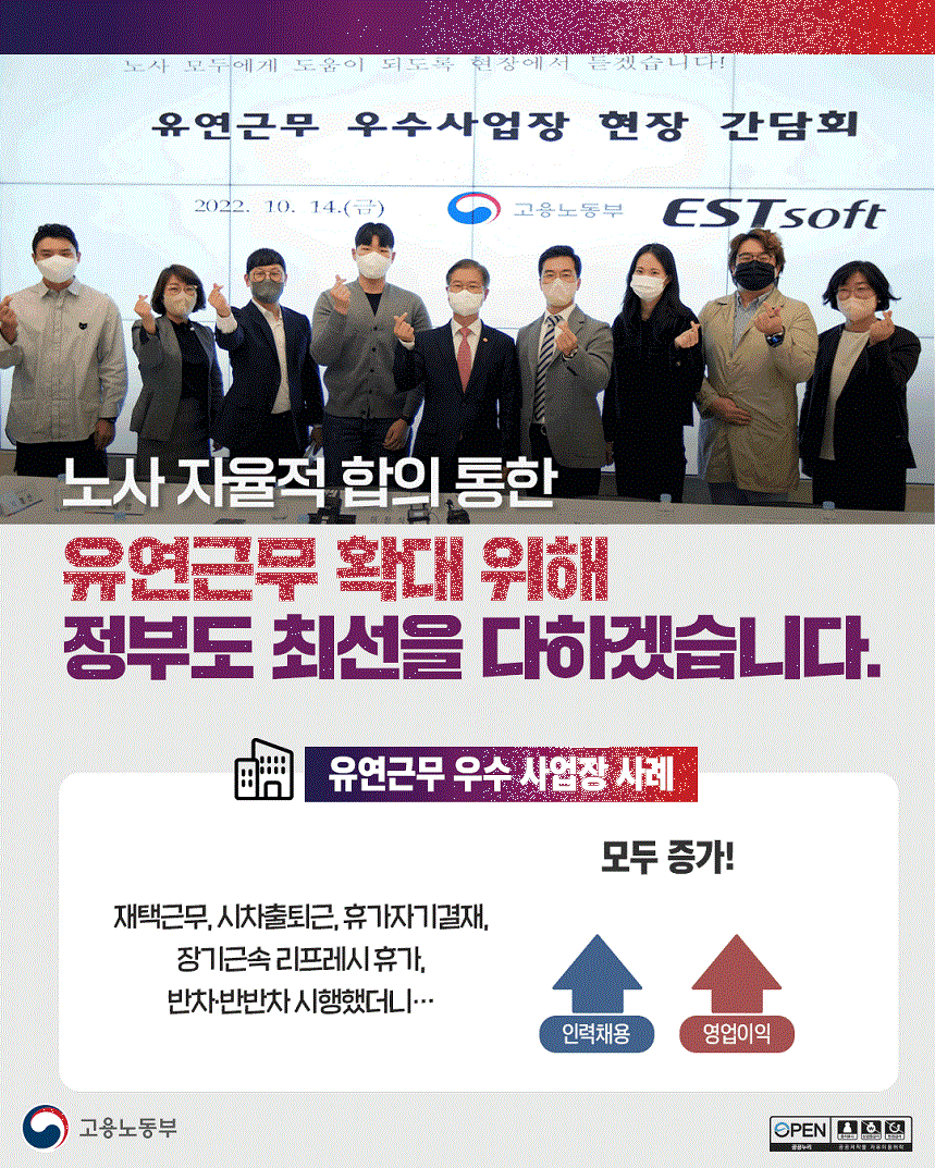 유연근무 활용 우수사업장 근로자들과 고용노동부 장관 단체 사진 이미지 노사 자율적 합의 통한 유연근무 확대 위해 정부도 최선을 다하겠습니다. 유연근무 우수 사업장 사례 재택근무, 시차출퇴근, 휴가자기결재, 장기근속 리프레시 휴가, 반차·반반차 시행했더니...  인력채용 영업이익 모두 증가! 고용노동부