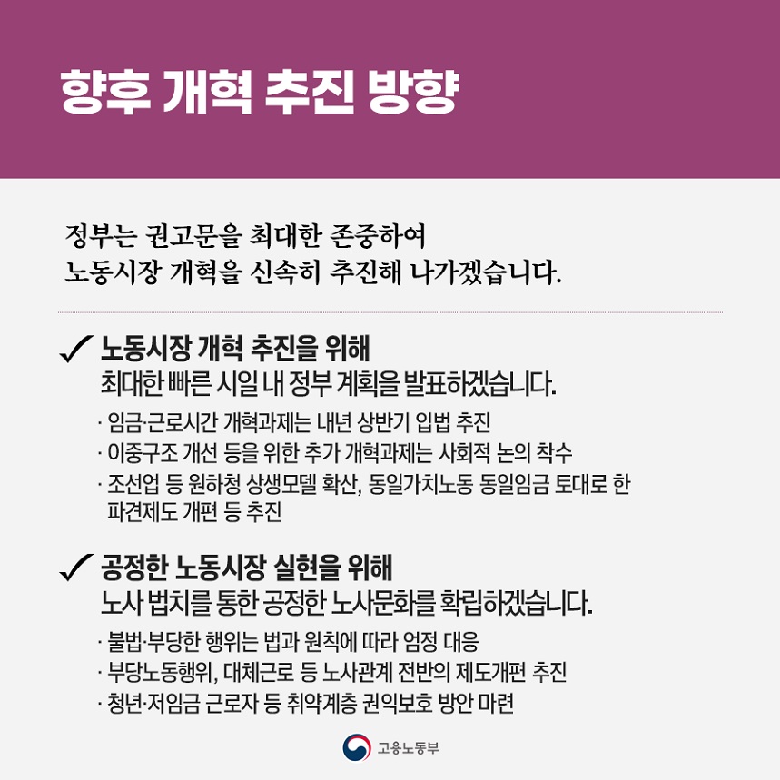 향후 개혁 추진 방향 정부는 권고문을 최대한 존중하여 노동시장 개혁을 신속히 추진해 나가겠습니다. 노동시장 개혁 추진을 위해 최대한 빠른 시일 내 정부 계획을 발표하겠습니다. ·임금·근로시간 개혁과제는 내년 상반기 입법 추진 ·이중구조 개선 등을 위한 추가 개혁과제는 사회적 논의 착수 ·조선업 등 원하청 상생모델 확산, 동일가치노동 동일임금 토대로 한 파견제도 개편 등 추진 공정한 노동시장 실현을 위해 노사 법치를 통한 공정한 노사문화를 확립하겠습니다. ·불법·부당한 행위는 법과 원칙에 따라 엄정 대응 ·부당노동행위, 대체근로 등 노사관계 전반의 제도개편 추진 ·청년·저임금 근로자 등 취약계층 권익보호 방안 마련