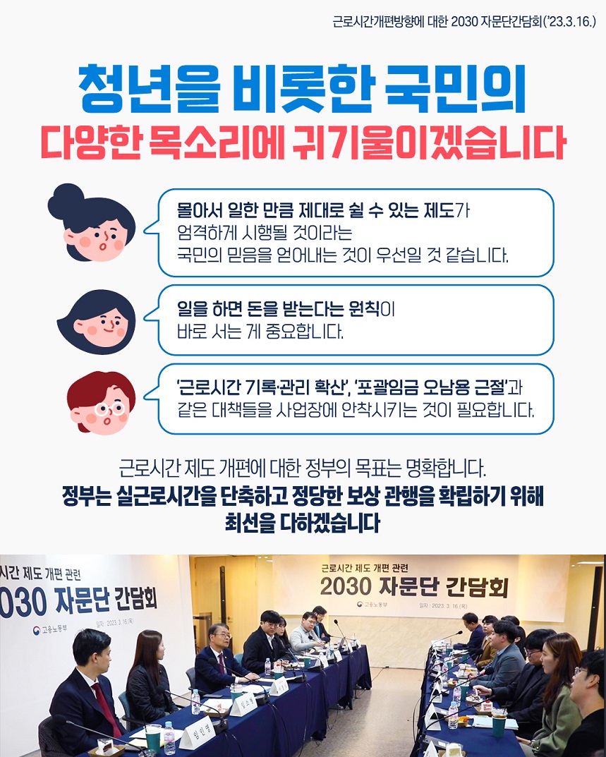 근로시간개편방향에 대한 2030자문단간담회(‘23.3.16.) 청년을 비롯한 국민의 다양한 목소리에 귀기울이겠습니다. 몰아서 일한 만큼 제대로 쉴 수 있는 제도가 엄격하게 시행될 것이라는 국민의 믿음을 얻어내는 것이 우선일 것 같습니다. 일을 하면 돈을 받는다는 원칙이 바로 서는 게 중요합니다. ’근로시간 기록·관리 확산‘, ’포괄임금 오남용 근절‘과 같은 대책들을 사업장에 안착시키는 것이 필요합니다. 근로시간 제도 개편에 대한 정부의 목표는 명확합니다. 정부는 실근로시간을 단축하고 정당한 보상 관행을 확립하기 위해 최선을 다하겠습니다. 근로시간 제도 개편 관련 2030자문단 간담회 현수막 앞 자문단원들과 마주앉아 발언하는 고용노동부 장관 이미지