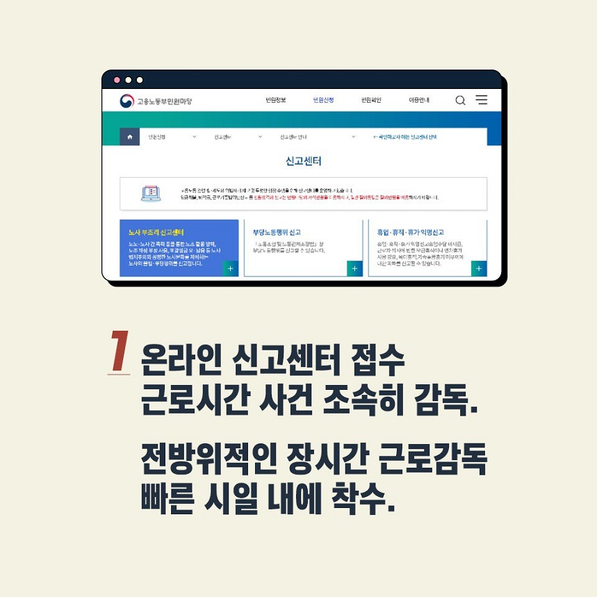 고용노동부 민원마당 홈페이지 이미지 1 온라인 신고센터 접수 근로시간 사건 조속히 감독. 전방위적인 장시간 근로감독 빠른 시일 내에 착수.