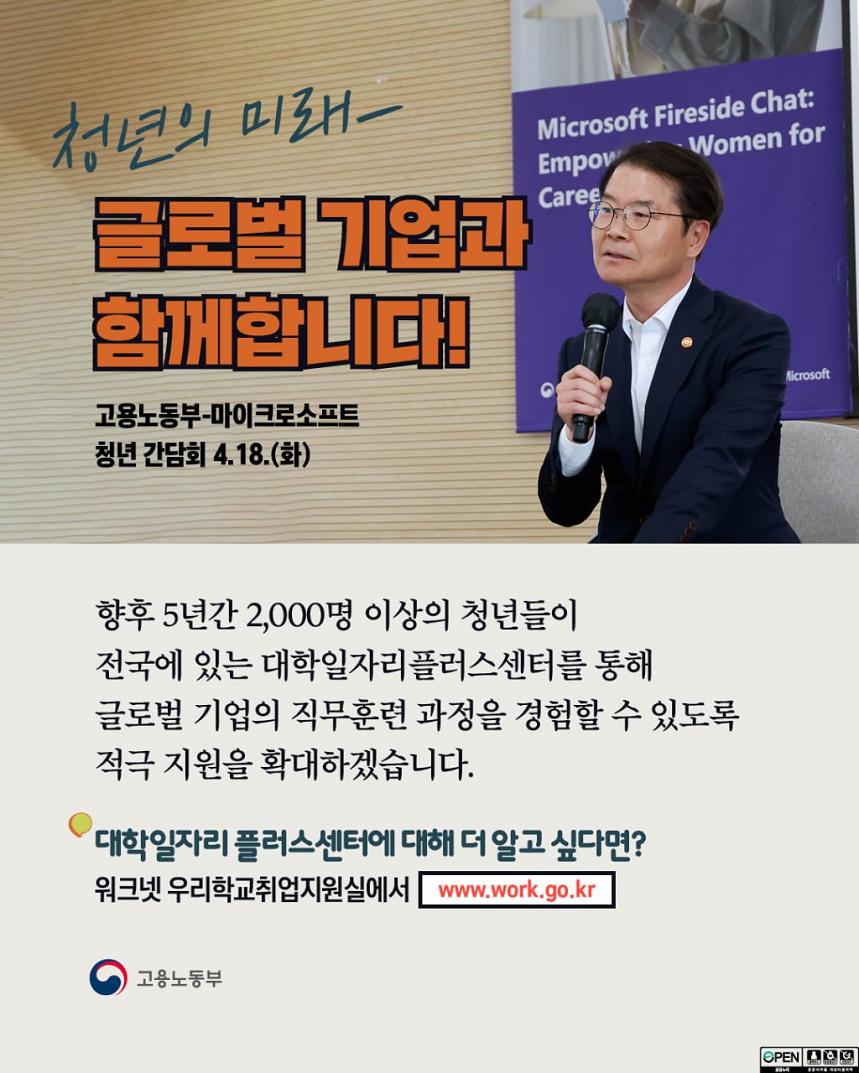 청년의 미래- 글로벌 기업과 함께합니다! 고용노동부-마이크로소프트 청년 간담회 4.18.(화)  마이크를 잡고 발언하는 고용노동부 장관 이미지 향후 5년간 2,000명 이상의 청년들이 전국에 있는 대학일자리플러스센터를 통해 글로벌 기업의 직무훈련 과정을 경험할 수 있도록 적극 지원을 확대하겠습니다. 대학일자리플러스센터에 대해 더 알고 싶다면? 워크넷 우리학교취업지원실에서 www.work.go.kr 고용노동부