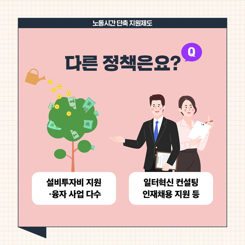 노동시간 단축 지원제도 다른 정책은요? 설비투자비 지원·융자 사업 다수, 일터혁신 컨설팅 인재채용 지원 등