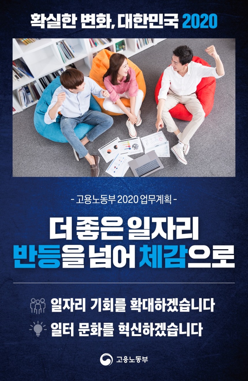 확실한 변화, 대한민국 2020, 고용노동부 2020 업무계획, 더좋은일자리 반등을 넘어 체감으로, 일자리 기회를 확대하겠습니다. 일터 문화를 혁신하겠습니다.