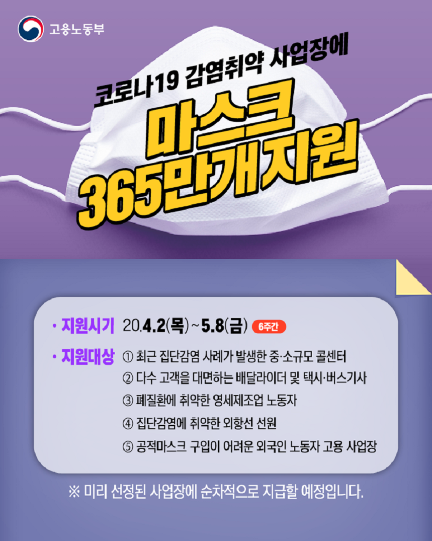 감염취약 사업장에 마스크 365만개 지원