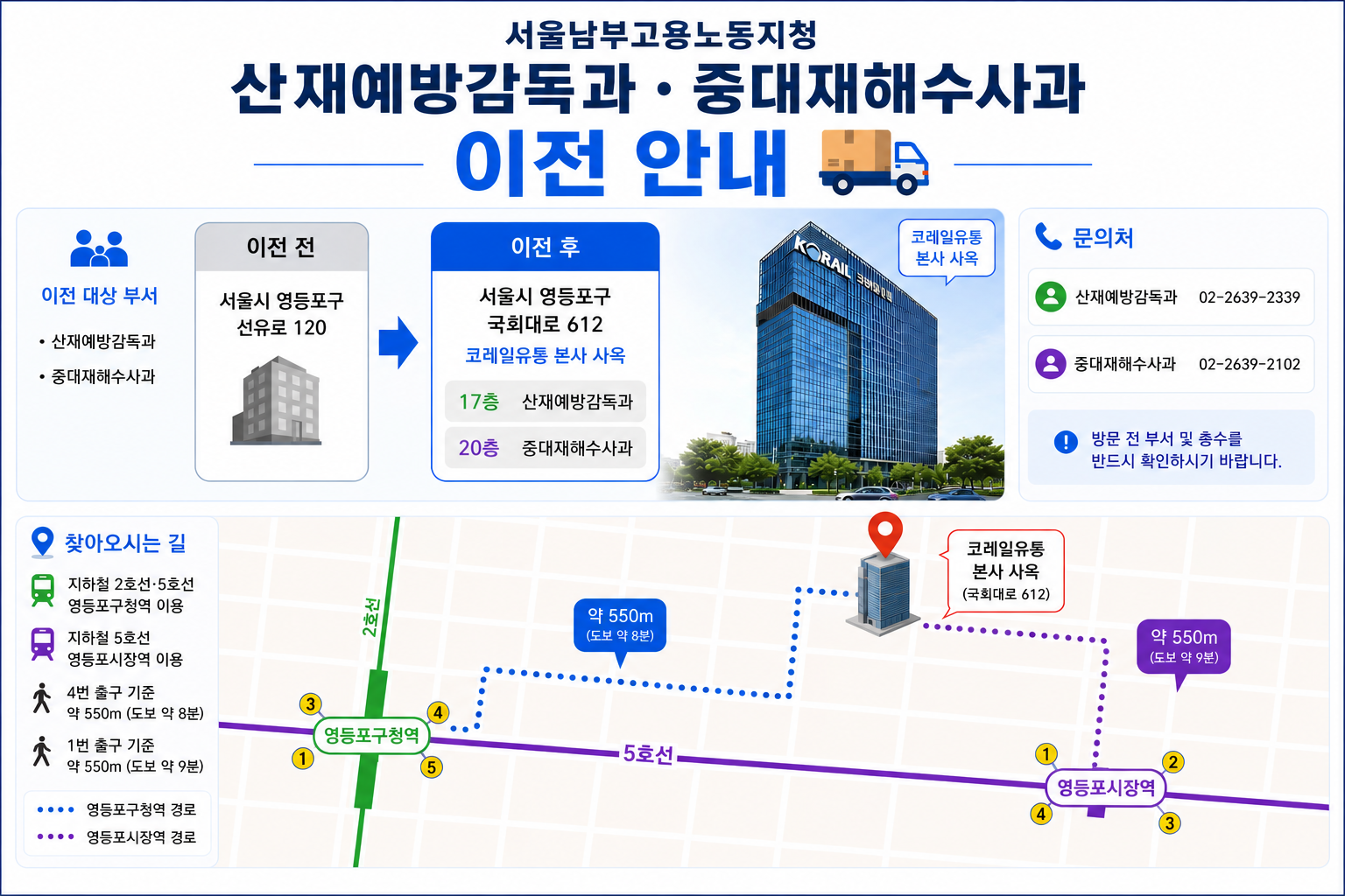 서울남부지청 산재예방감독과, 중대재해수사과 이전 안내