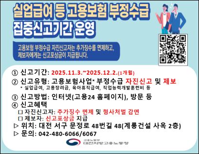 실업급여등 고용보험 부정수급 집중신고기간 운영
